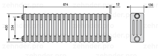 Схема (чертеж) Радиатор Zehnder Charleston 4040/19 №1270 Белый глянцевый RAL 9016